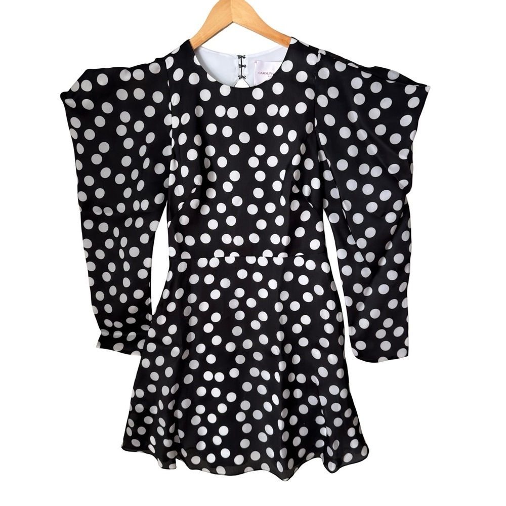 NWT CAROLINA HERRERA Polka Dot Silk Organza Puff Sleeve Dress Black White Size 8 - Picture 5 of 16